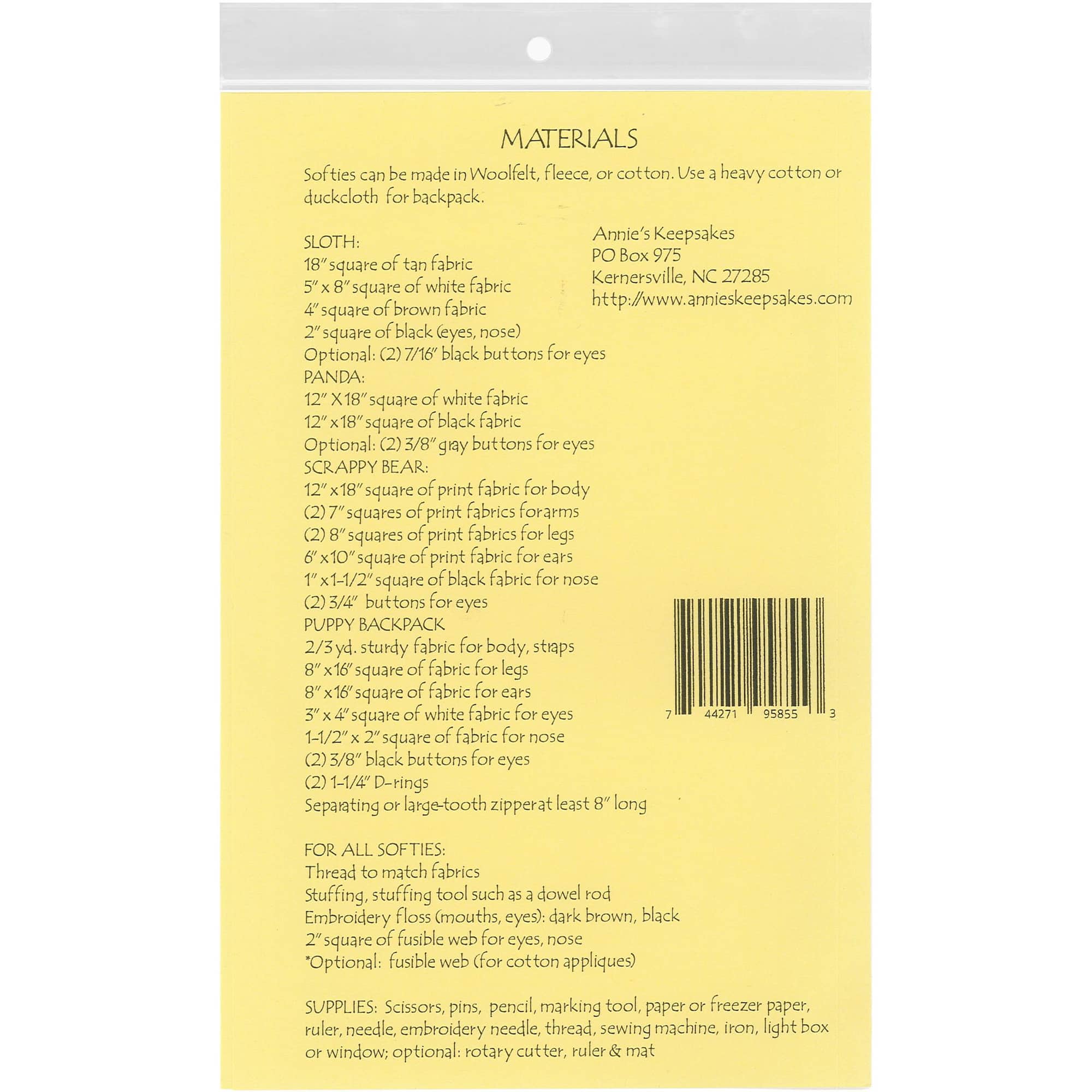 Annie's Keepsakes Baby Buddies Softies & Backpack Pattern